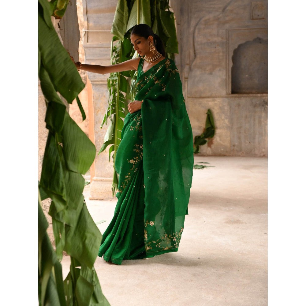 DEEPTHEE Molten Gold Yellow Hand Embroidered Saree with Stitched Blouse