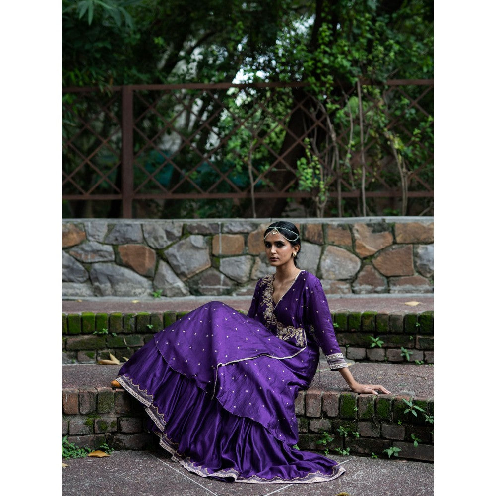 DEEPTHEE Violet Hand Embroidered Angrakha Kurta and Palazzo with Dupatta (Set of 3)