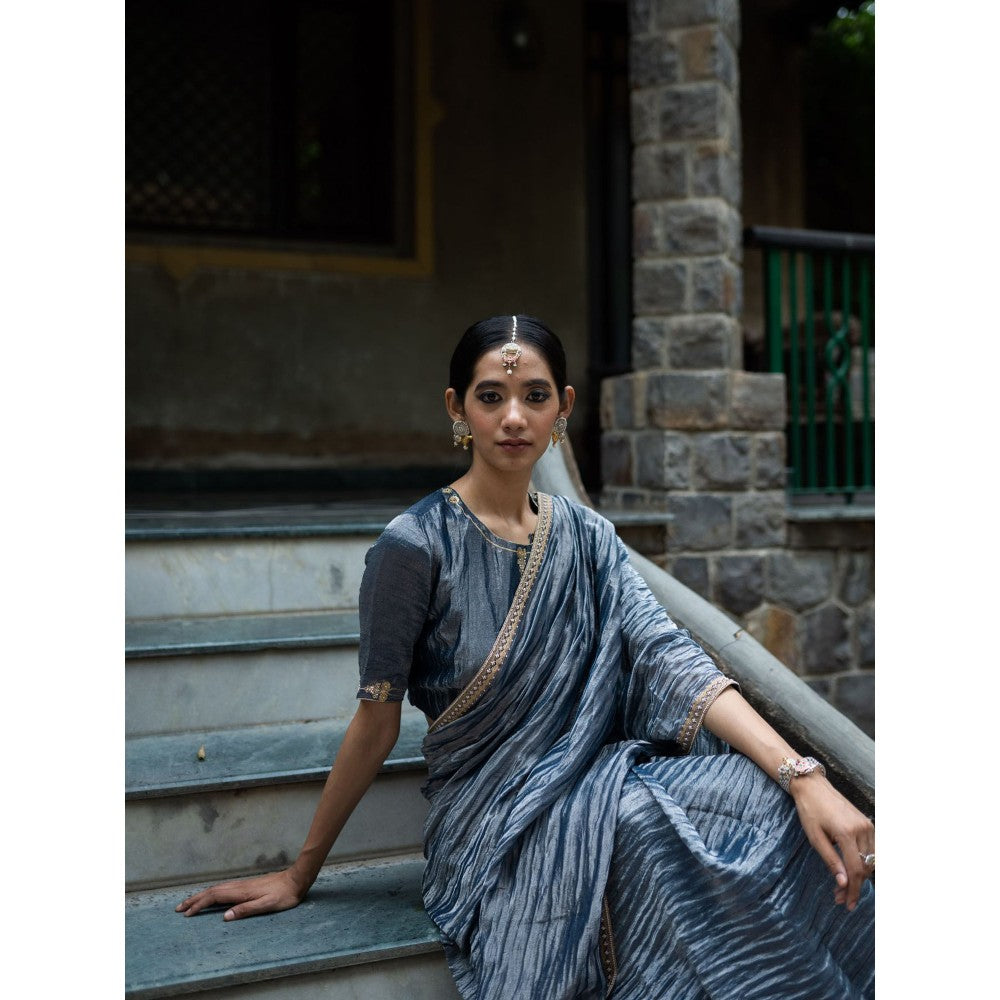 DEEPTHEE Grey Hand Embroidered Metallic Saree with Stitched Blouse