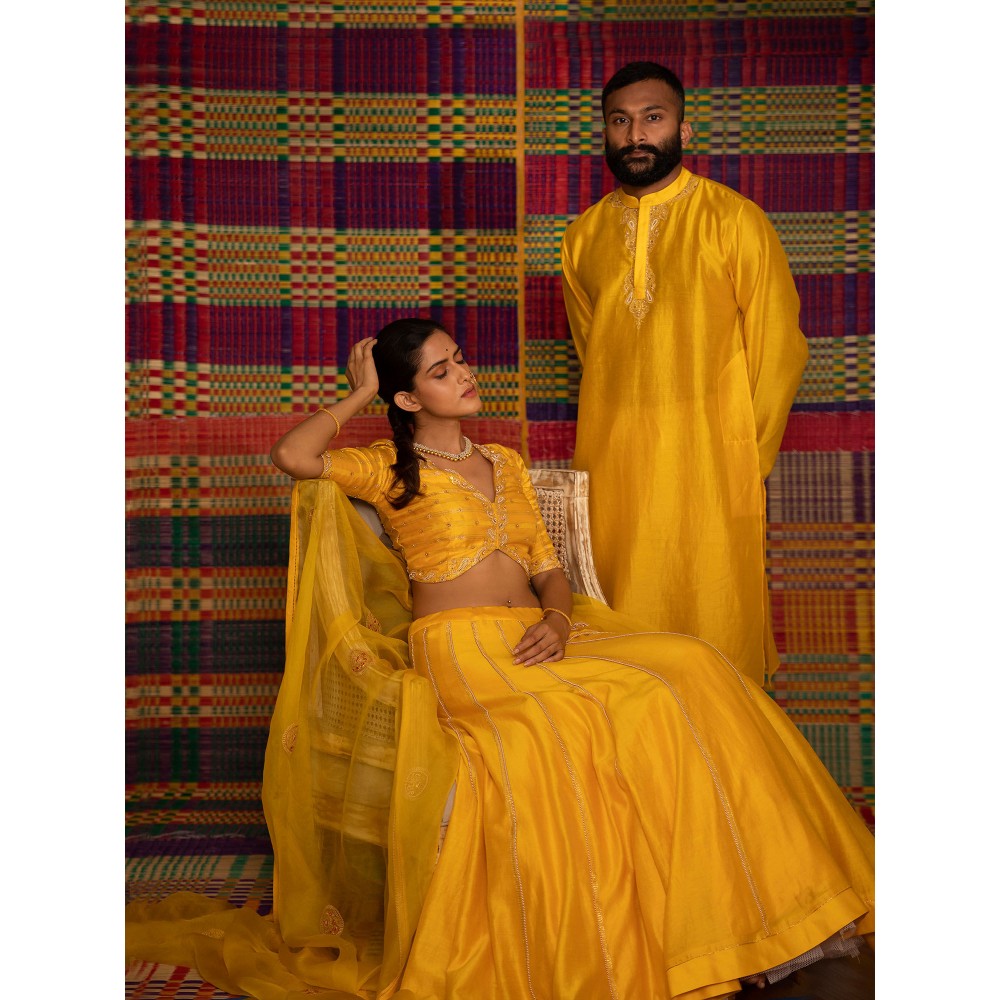 DEEPTHEE Haldi Hand Embroidered Kali Lehenga Choli with Blouse (Set of 3)