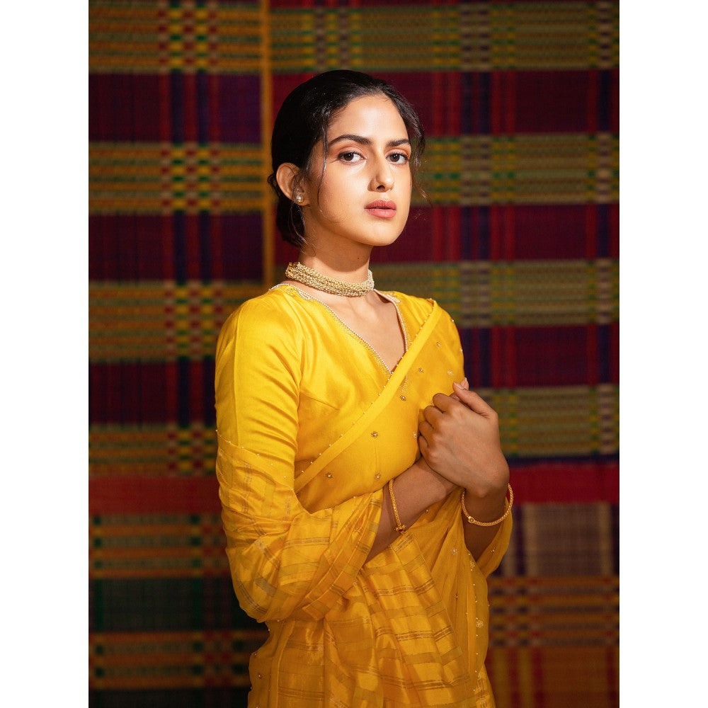 DEEPTHEE Haldi Half Striped & Half Hand Embroidered Saree with Stitched Blouse