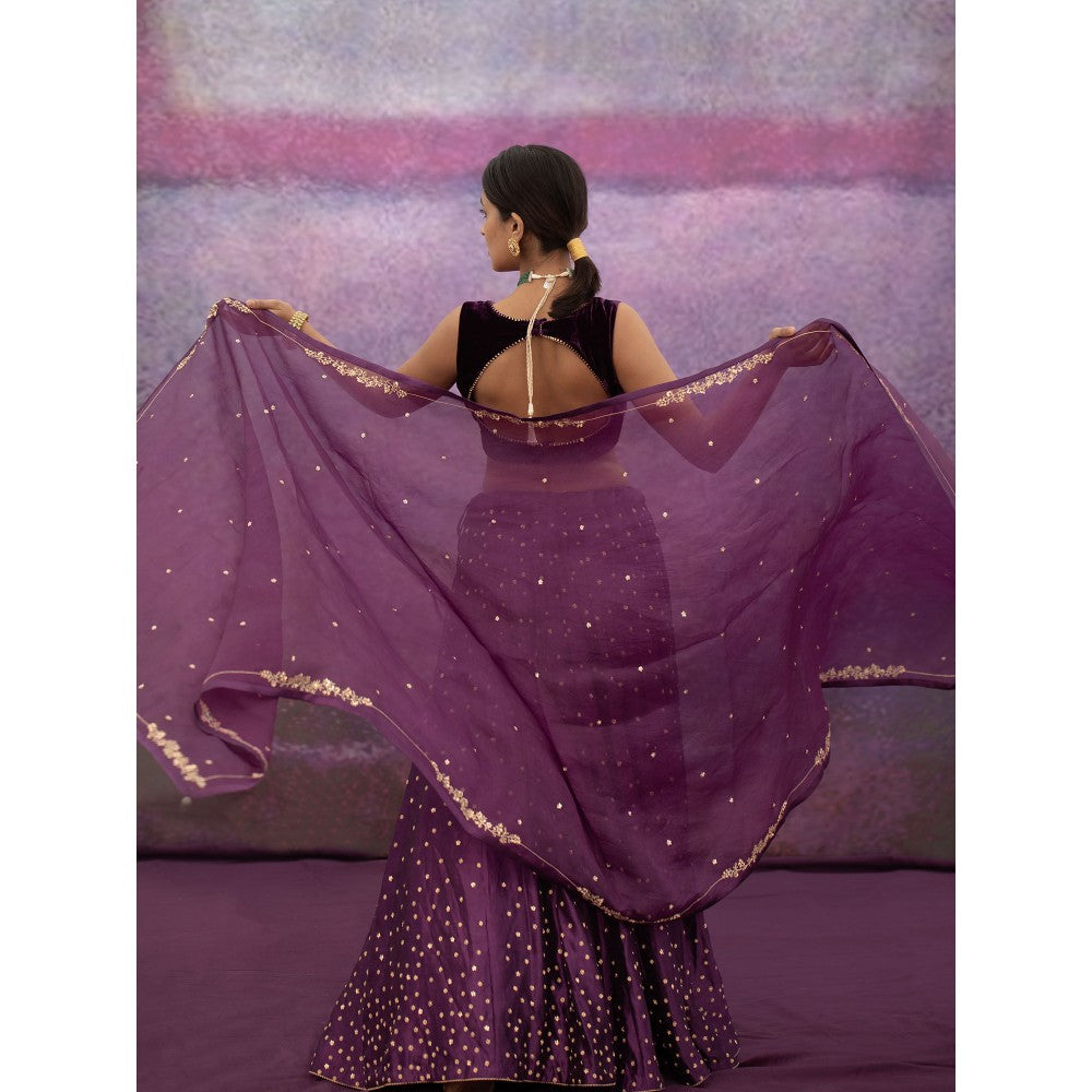 DEEPTHEE Purple All Over Booti Kali Lehenga with Blouse & Dupatta (Set of 3)