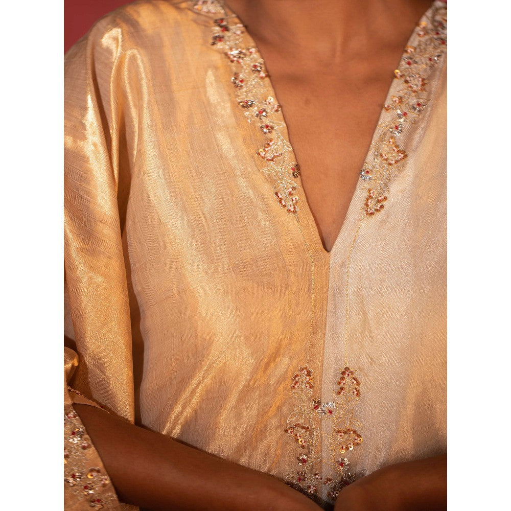 DEEPTHEE Half and Half Metallic Hand Embroidered Kaftan Dress
