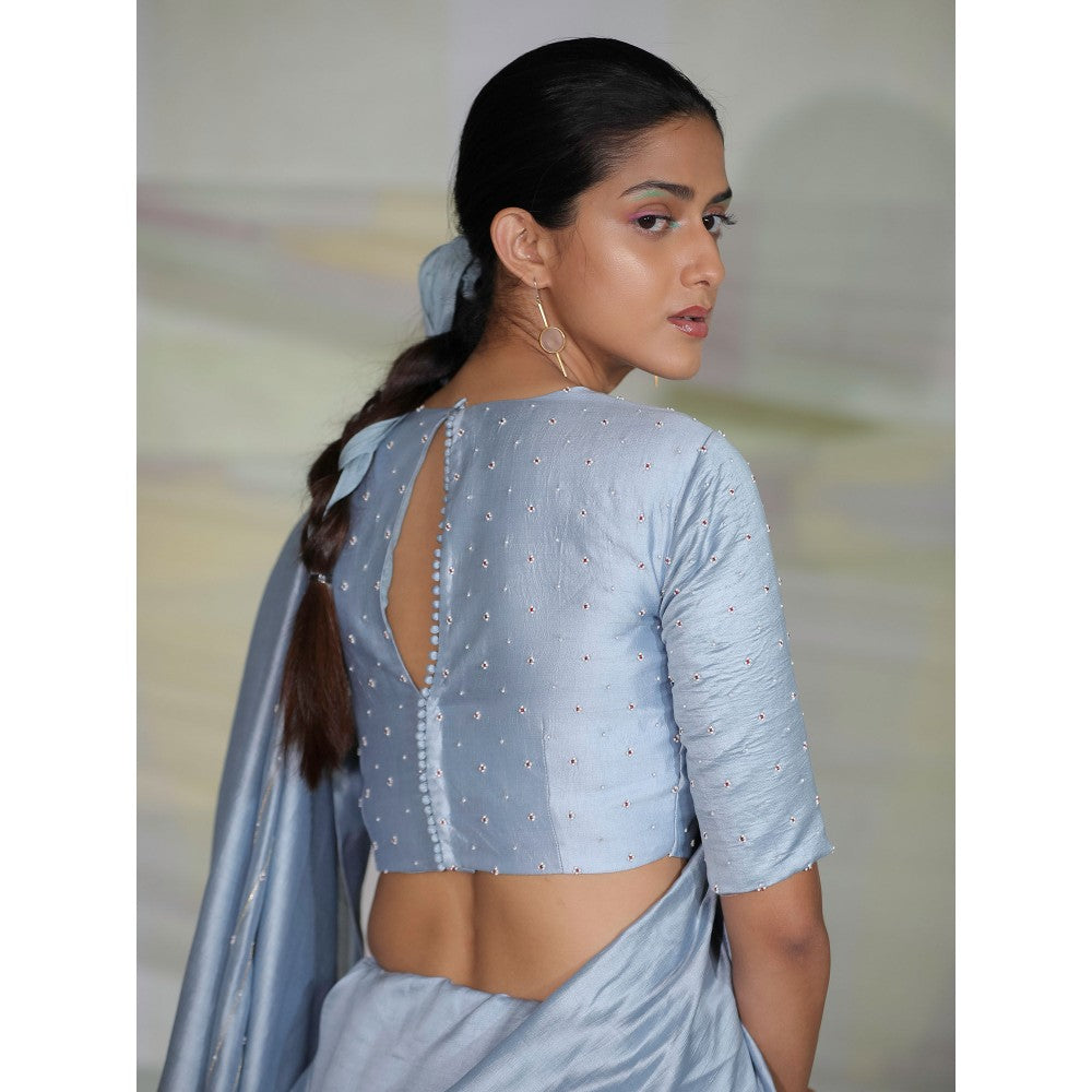 DEEPTHEE Icy Blue Hand Embroidered A Line Saree with Stitched Blouse
