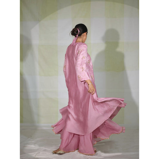 DEEPTHEE Pink Hand Embroidered Side Panel Kurta with Sharara & Dupatta (Set of 3)