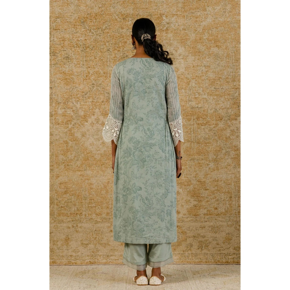Devnaagri Sage Green Block Printed Kurta and Palazzo with Dupatta (Set of 3)
