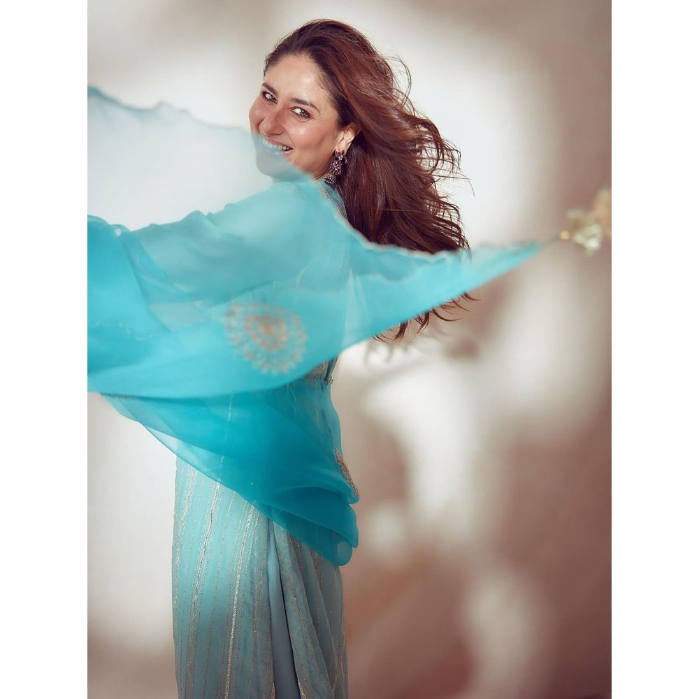 Devnaagri Aqua Blue Zari Detailed Chanderi Kurta and Palazzo with Dupatta (Set of 3)