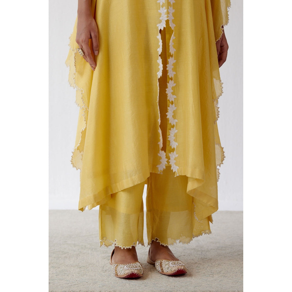 Devnaagri Yellow Ivory Chanderi Kaftan and Palazzo (Set of 2)