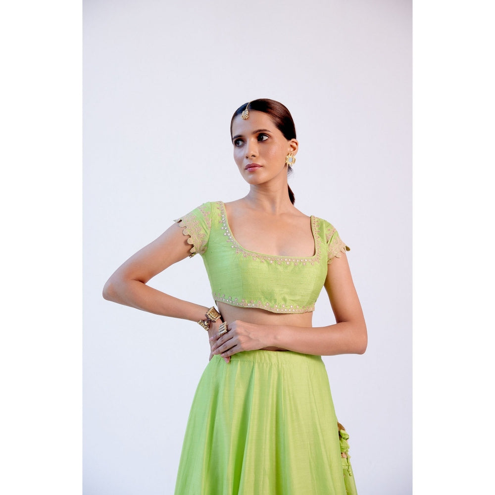 Devnaagri Green Hand Block Print Lehenga and Blouse with Dupatta (Set of 3)