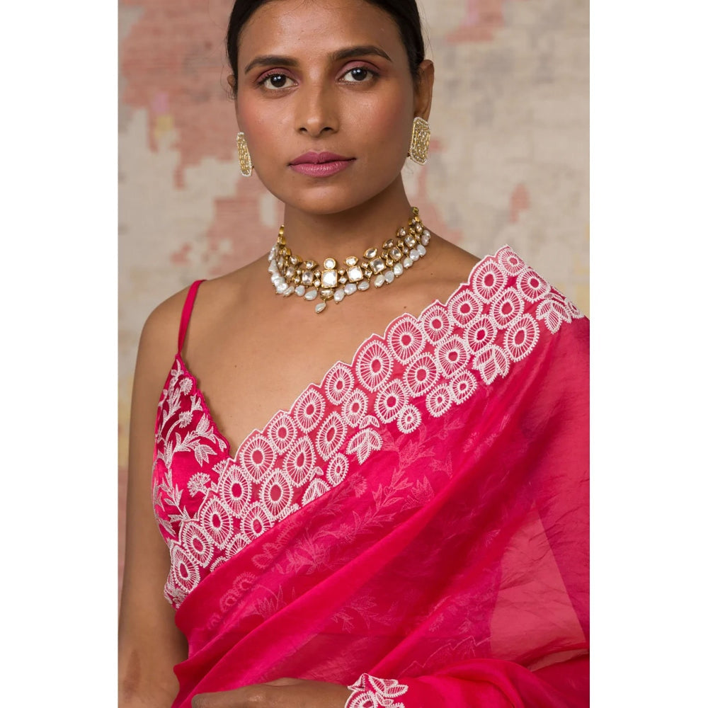 Devnaagri Fuchsia Silk Organza Saree with Stitched Blouse (Set of 2)