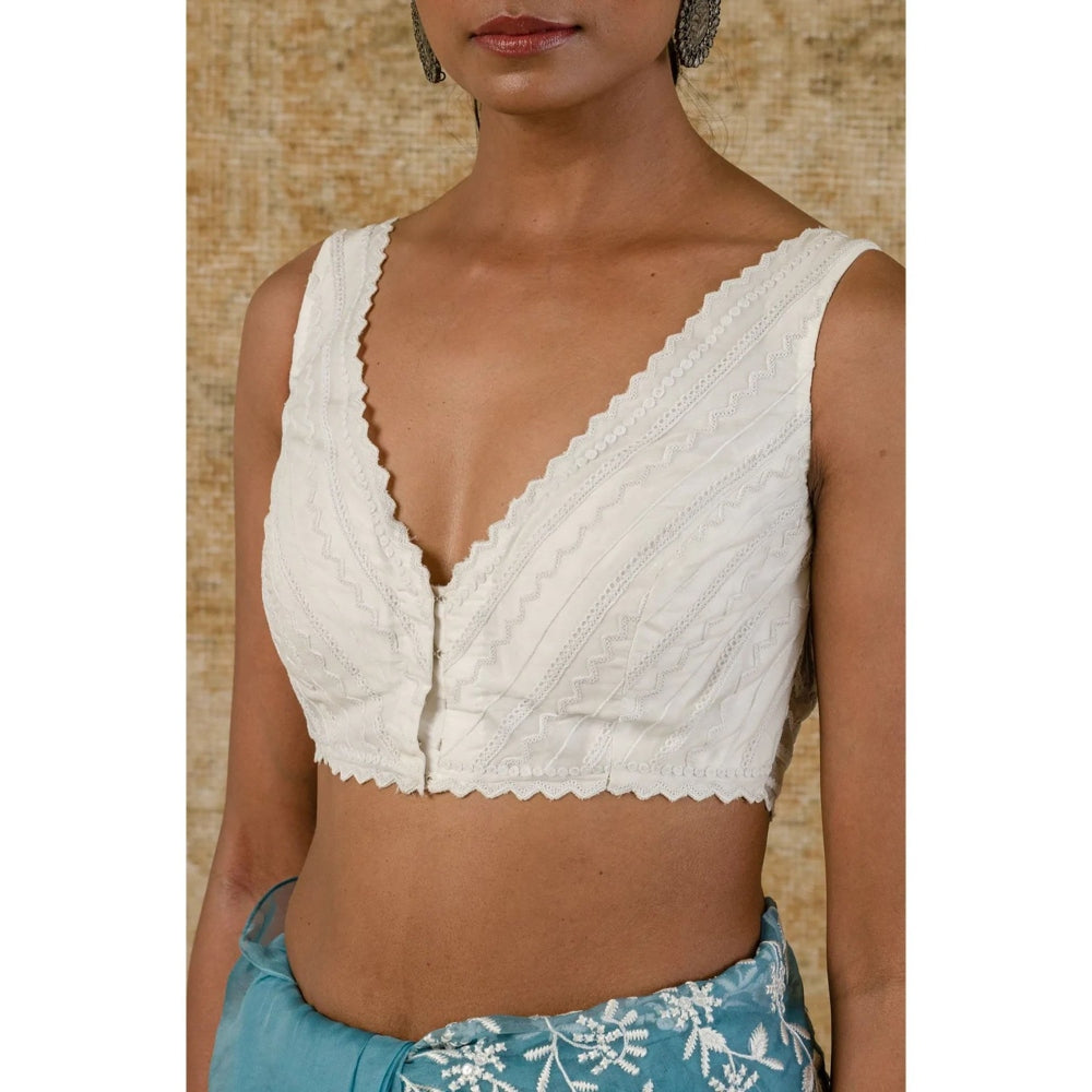 Devnaagri Ice Blue Silk Organza Saree with Stitched Blouse (Set of 2)