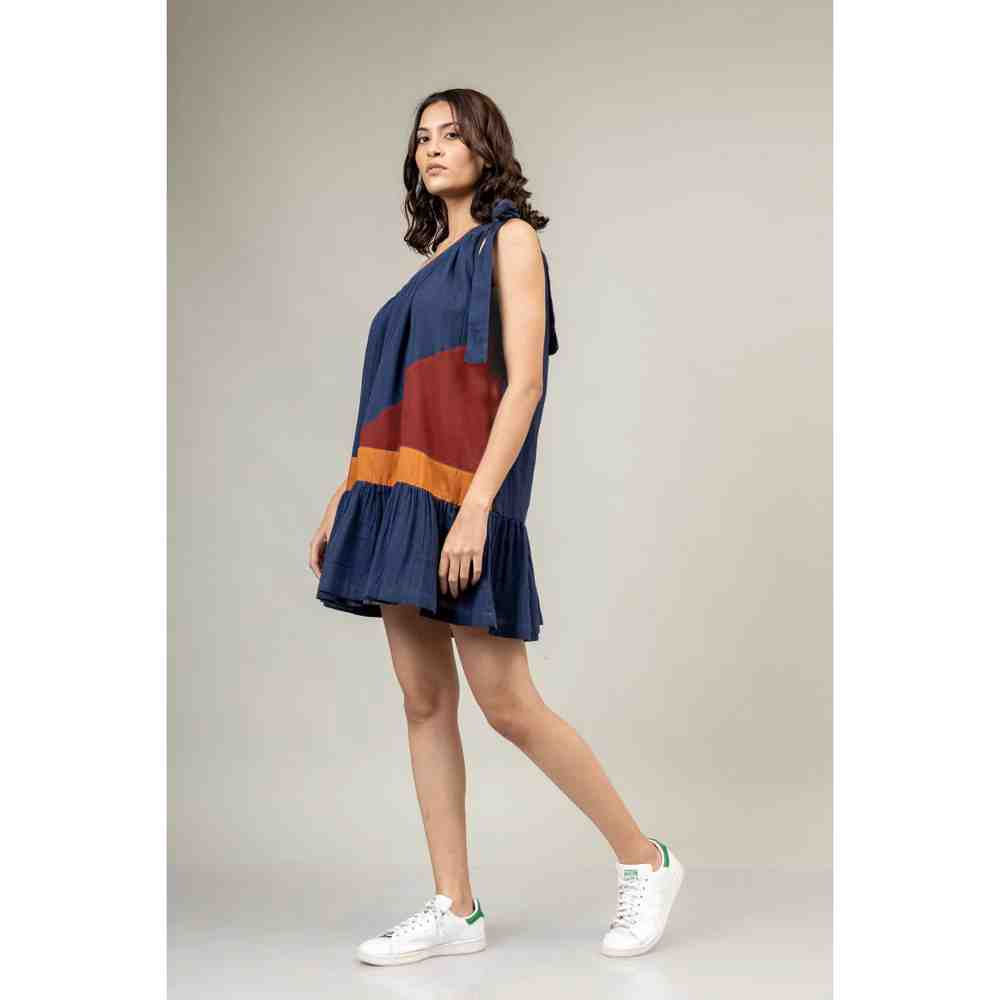 Doodlage Blue One Shoulder Panelled Dress