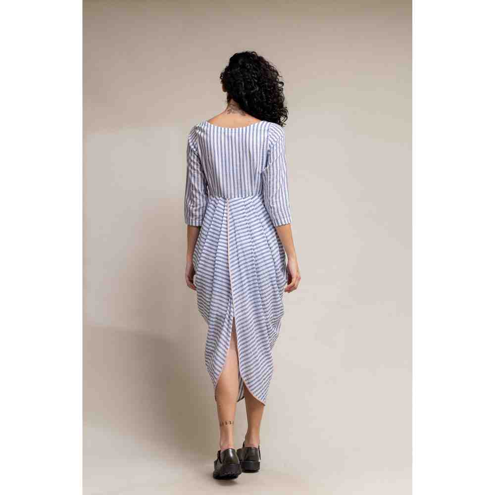 Doodlage White And Blue Striped Drapey Dress