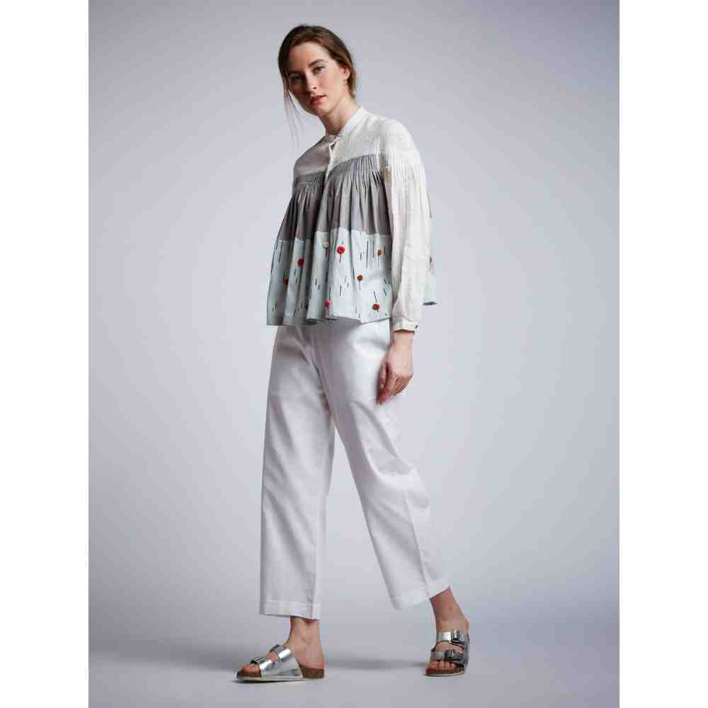Doodlage Panelled Pleated Top With Floral Embroidery With White Linen Pants (Set of 2)