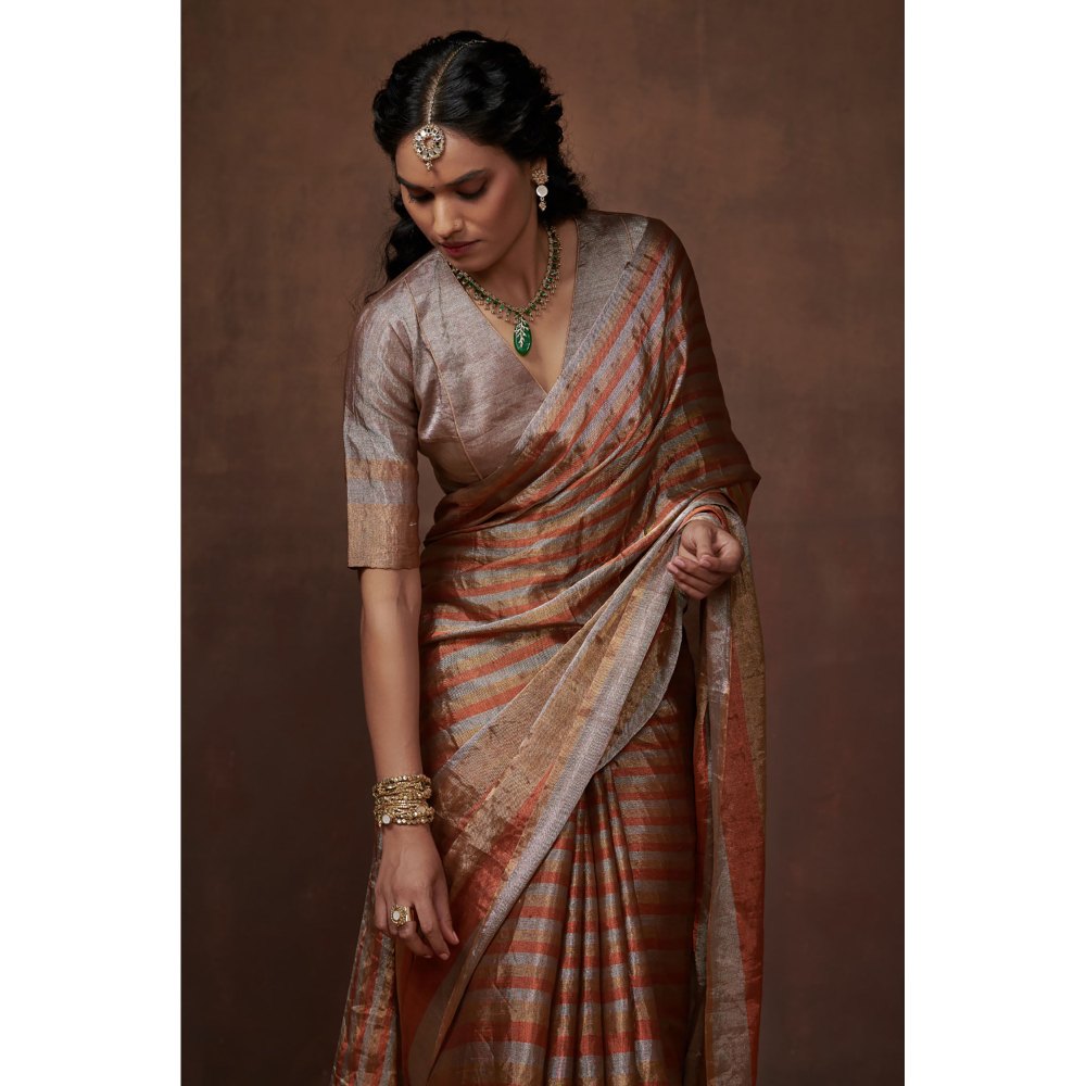Dressfolk Silver, Gold and Copper Stripes Handwoven Tissue Saree without Blouse