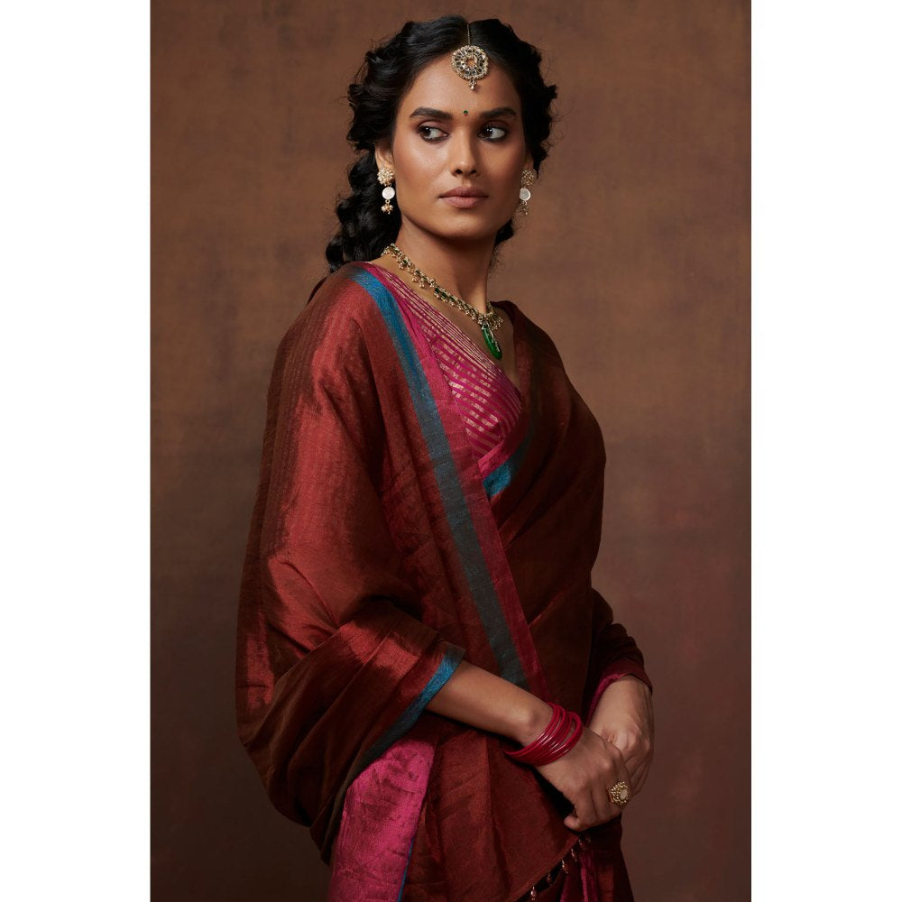 Dressfolk Maroon Handwoven Tissue Saree without Blouse