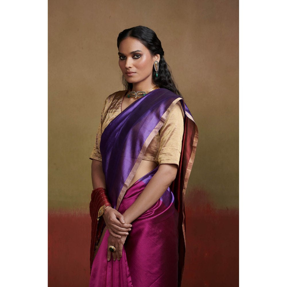 Dressfolk Handloom Chanderi Silk Saree In Magenta Purple and Maroon without Blouse