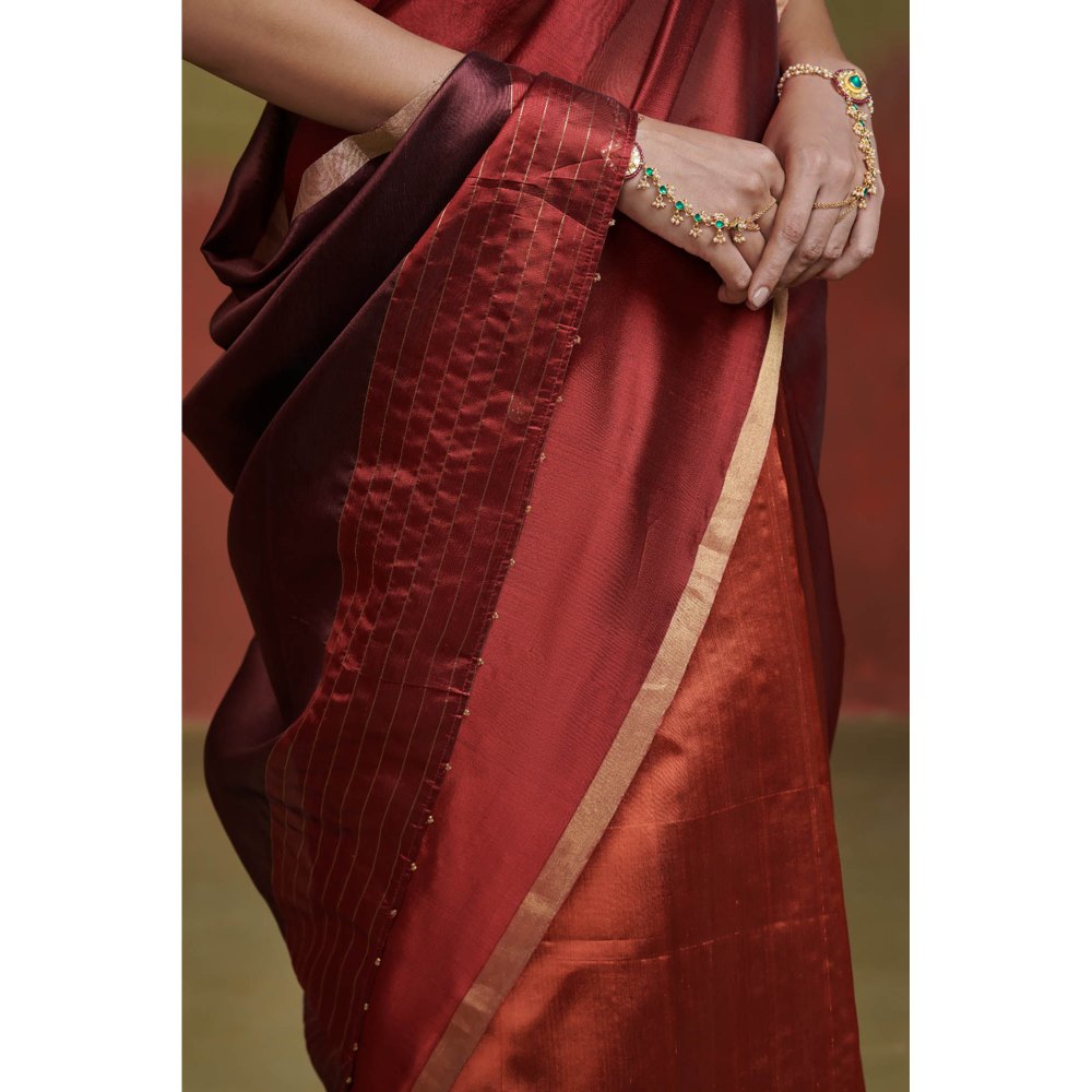 Dressfolk Gold and Maroon Chanderi Silk Saree with Glass Beads and Coins without Blouse