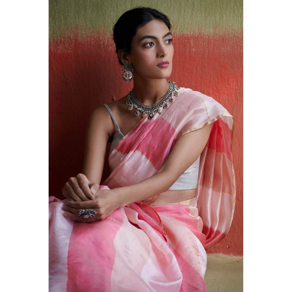 Dressfolk Handloom Silk Saree with Pastel Pink Stripes without Blouse