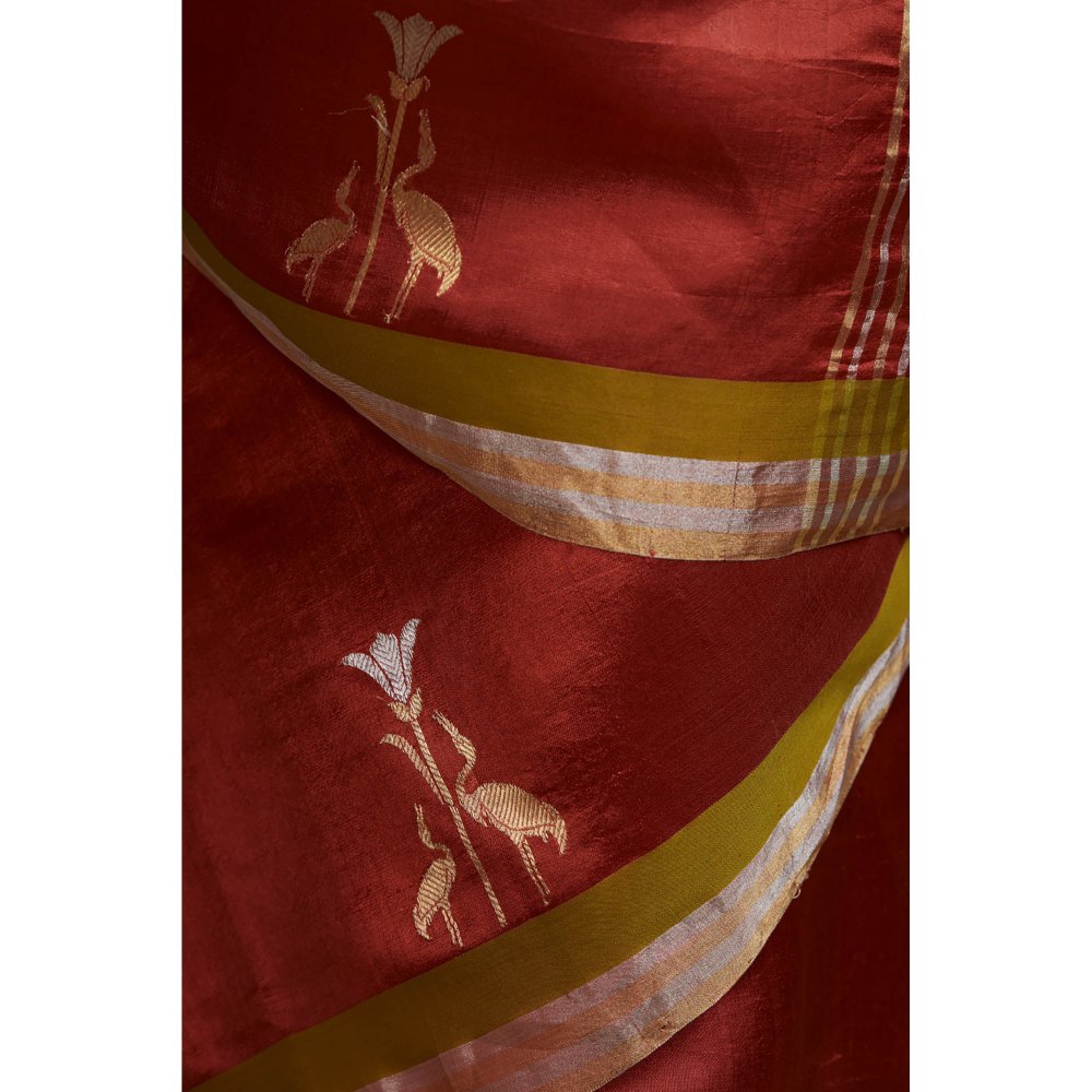 Dressfolk Brick Red Chanderi Handloom Silk Saree with Zari without Blouse