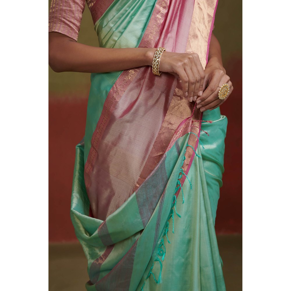 Dressfolk Mint Green Handloom Silk Saree with Beads without Blouse