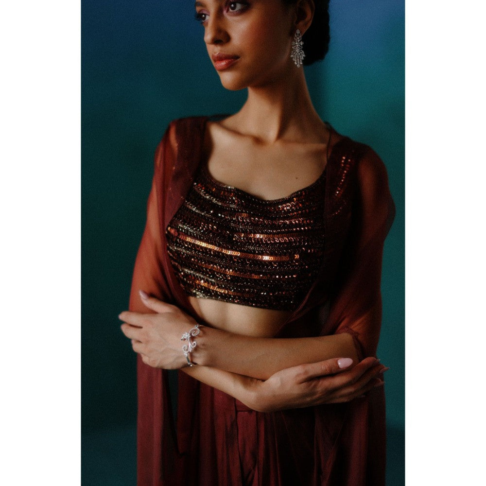 DRISHTI CHHABRAA Mud Brown Dhoti Style Skirt Cape (Set of 3)