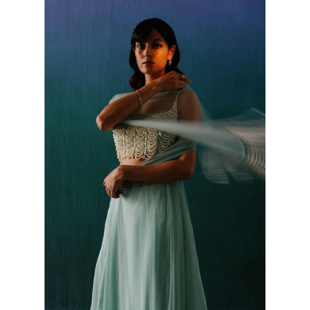 DRISHTI CHHABRAA Sky Blue Organza & Pearl Lehenga with Blouse & Dupatta (Set of 3)
