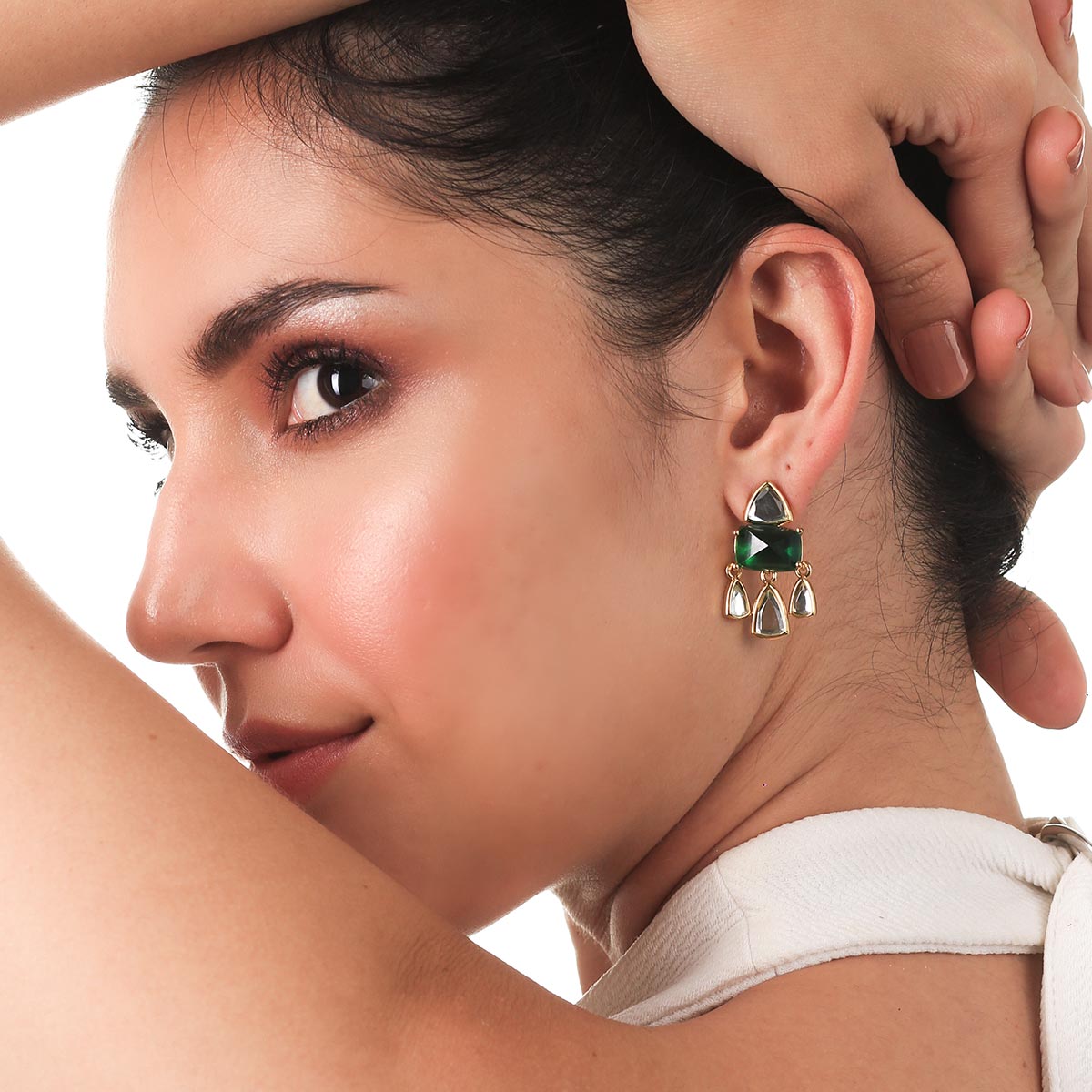 Shiza Mirror & Hydro Emerald Statement Studs - Isharya | Modern Indian Jewelry