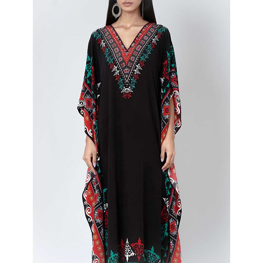First Resort by Ramola Bachchan Black Mexican Print Embellished Silk Full Length Kaftan