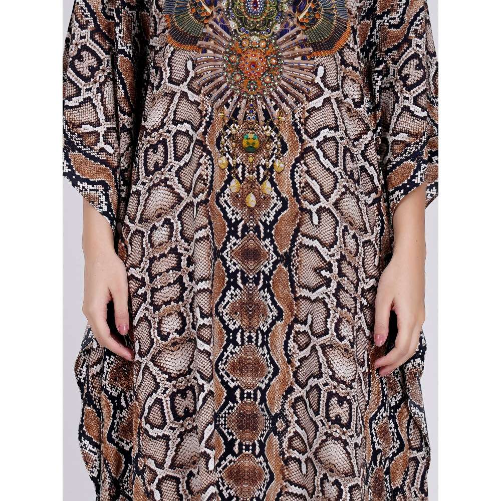 First Resort by Ramola Bachchan Brown Animal Print Embellished Silk Full Length Kaftan