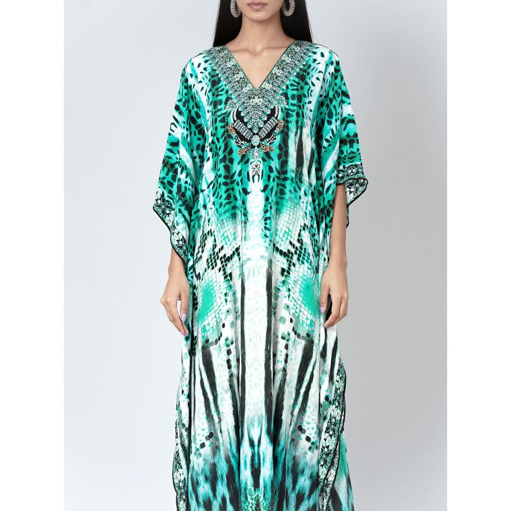 First Resort by Ramola Bachchan Green And Black Animal Print Embellished Silk Kaftan