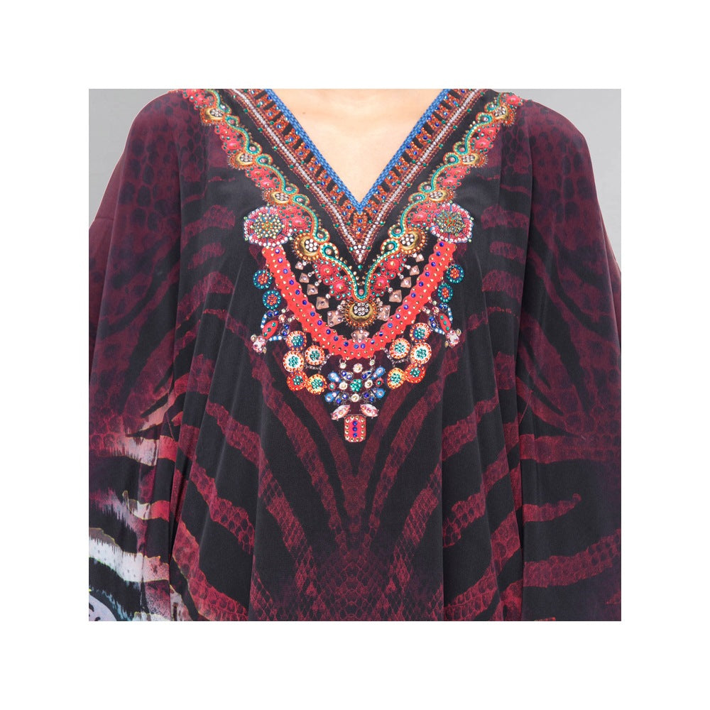 First Resort by Ramola Bachchan Maroon Python Print Embellished Silk Full Length Kaftan