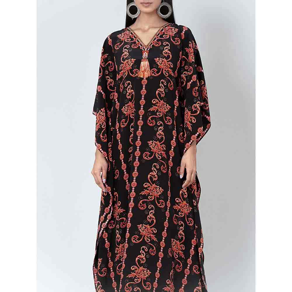 First Resort by Ramola Bachchan Black And Orange Embellished Silk Full Length Kaftan