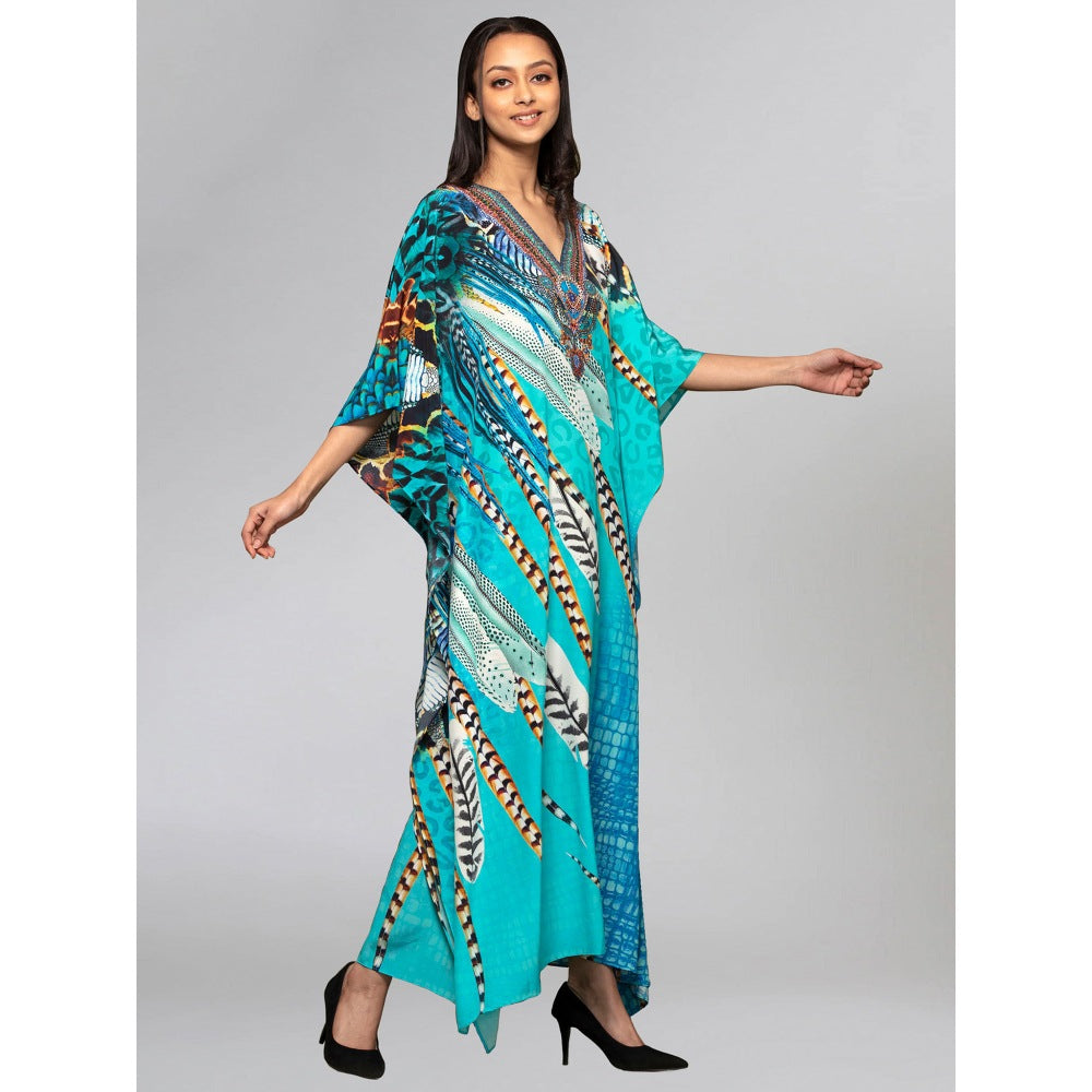 First Resort by Ramola Bachchan Turquoise Leaf Print Embellished Silk Full Length Kaftan