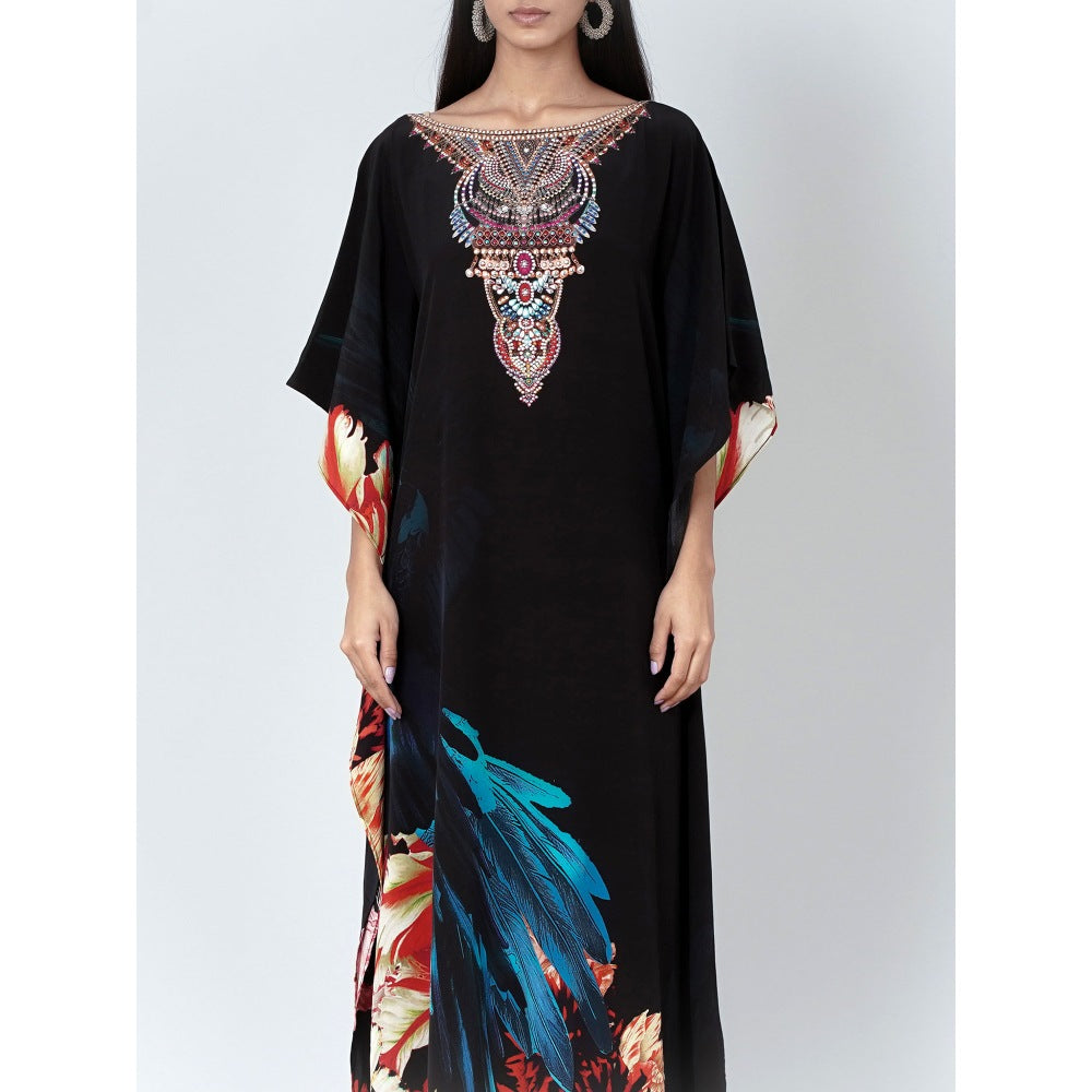 First Resort by Ramola Bachchan Black And Blue Splash Print Embellished Silk Full Length Kaftan
