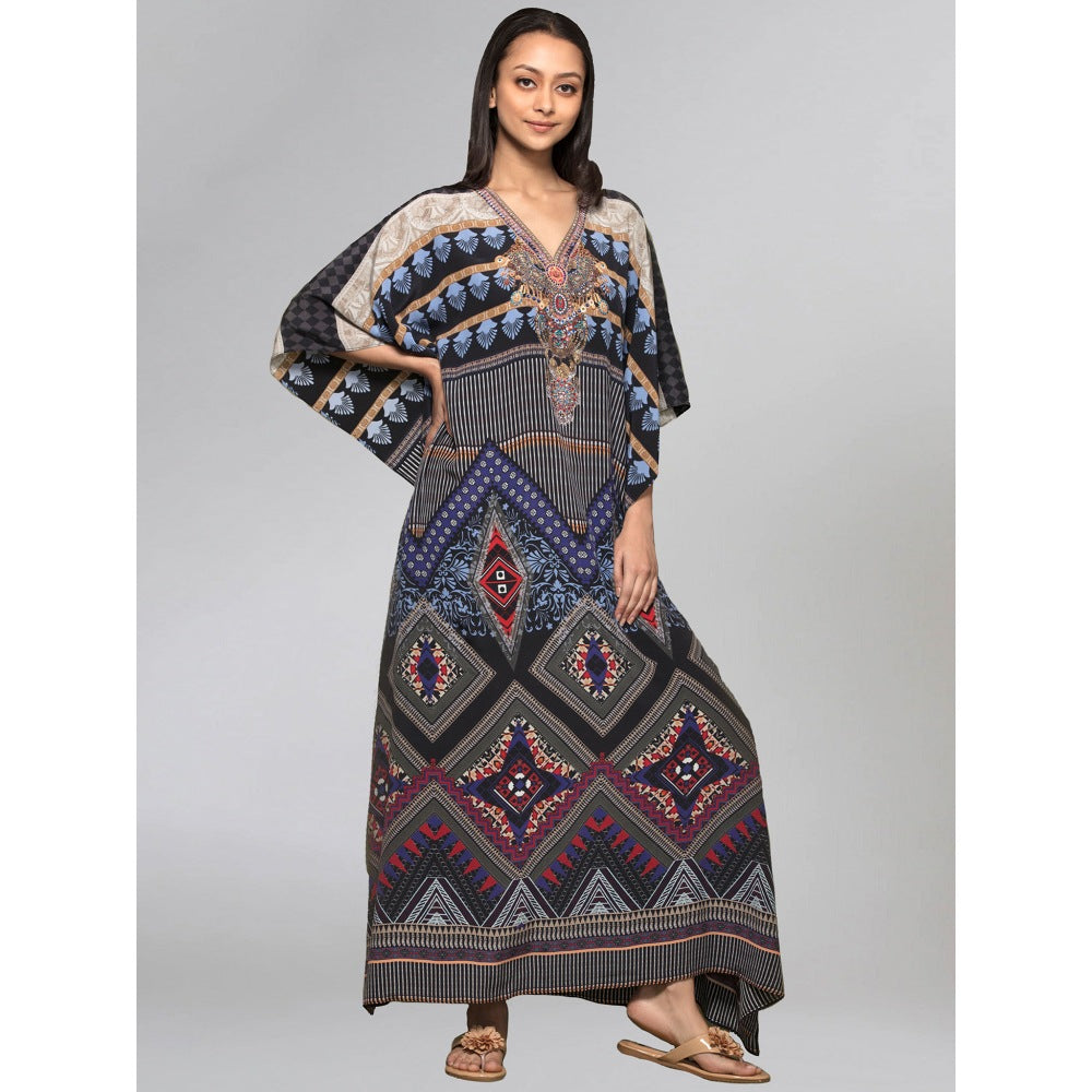 First Resort by Ramola Bachchan Black And Blue Geometric Print Embellished Silk Kaftan