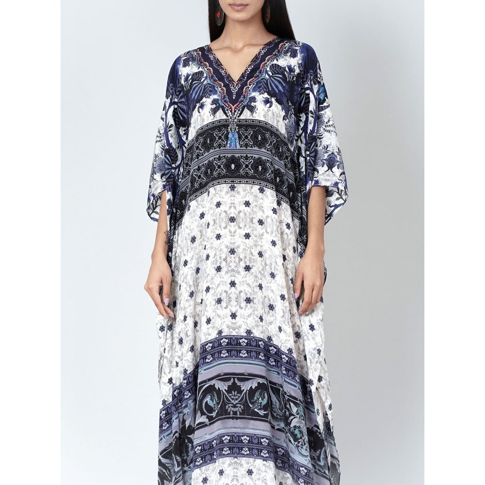 First Resort by Ramola Bachchan White And Blue Porcelain Print Embellished Silk Kaftan