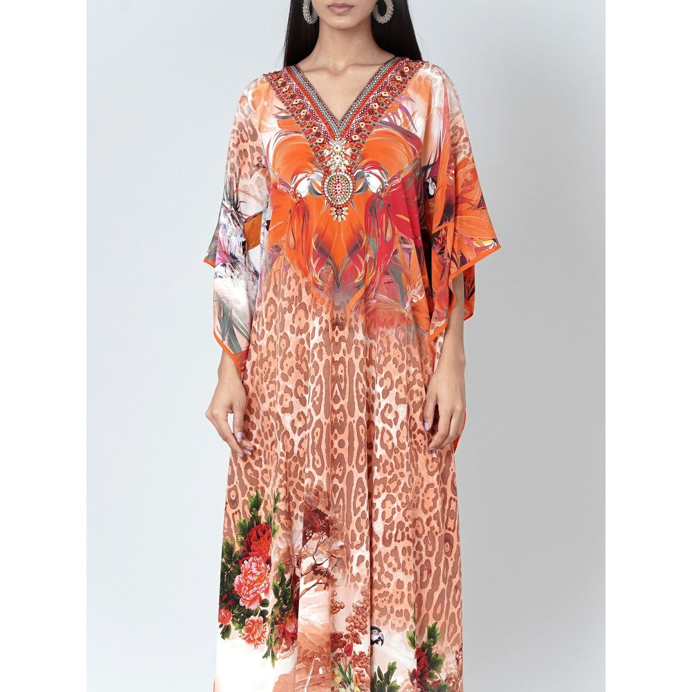 First Resort by Ramola Bachchan Burnt Orange And Brown Animal Print Embellished Silk Kaftan