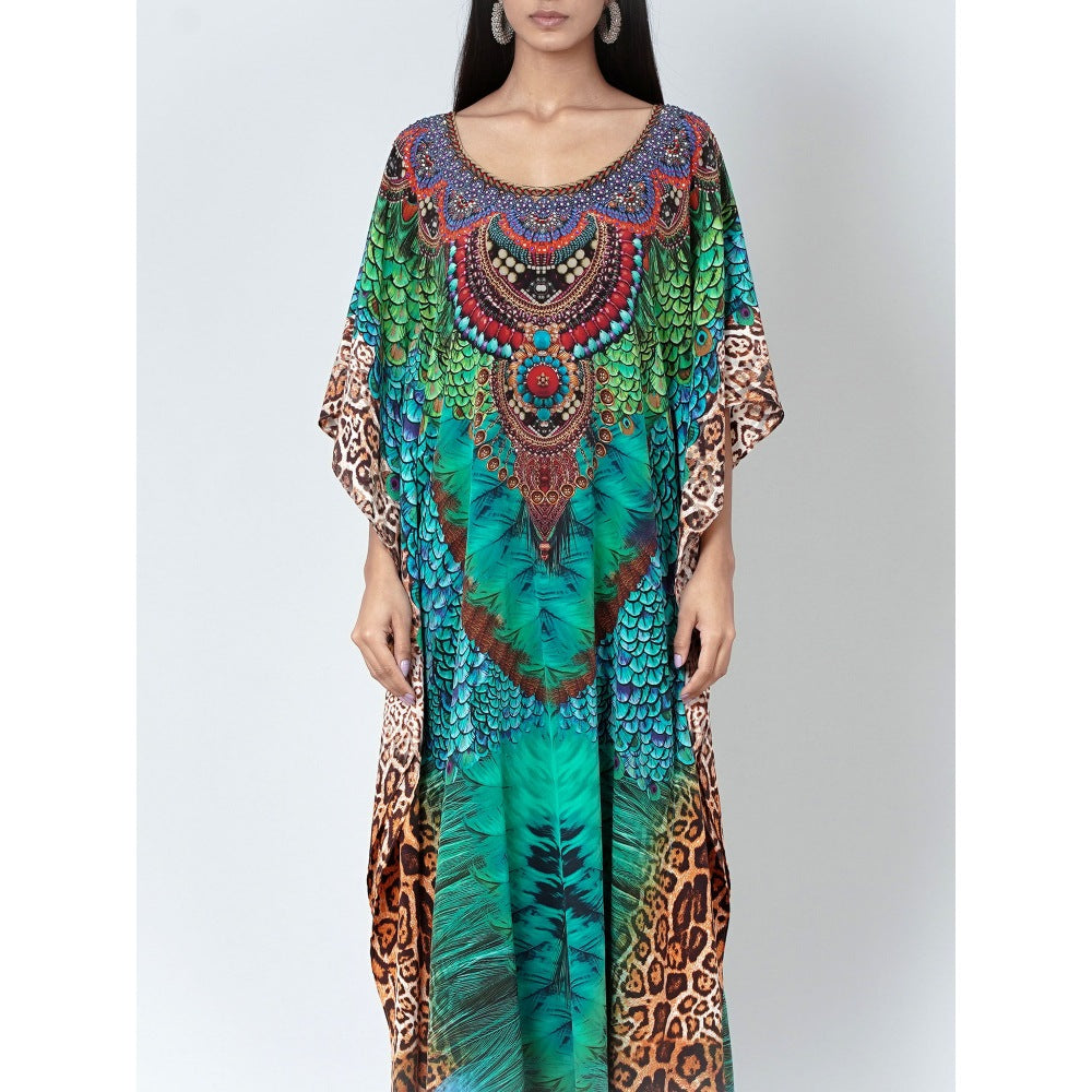 First Resort by Ramola Bachchan Green Tribal Print Embellished Silk Full Length Kaftan