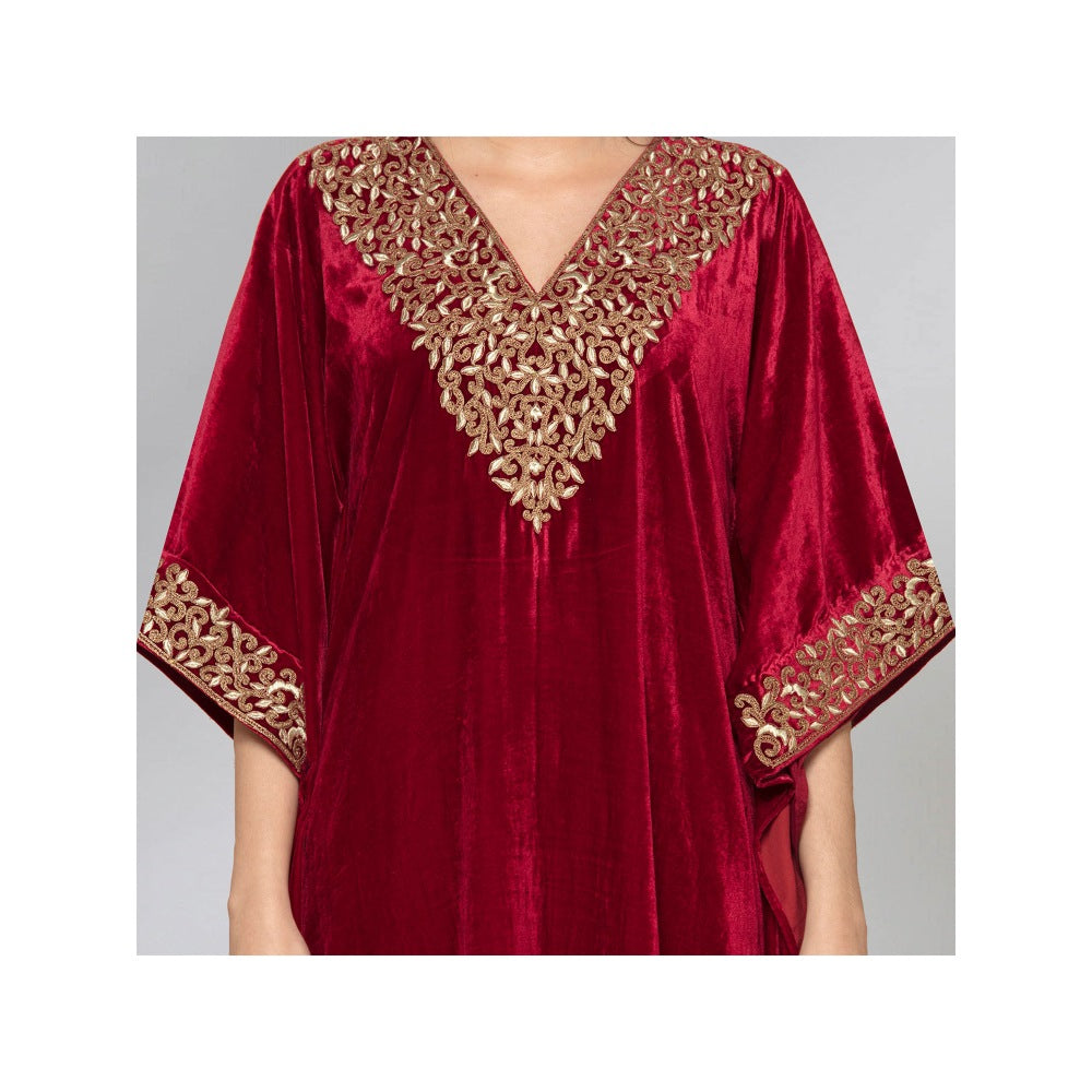 First Resort by Ramola Bachchan Red Embroidered Full Length Kaftan
