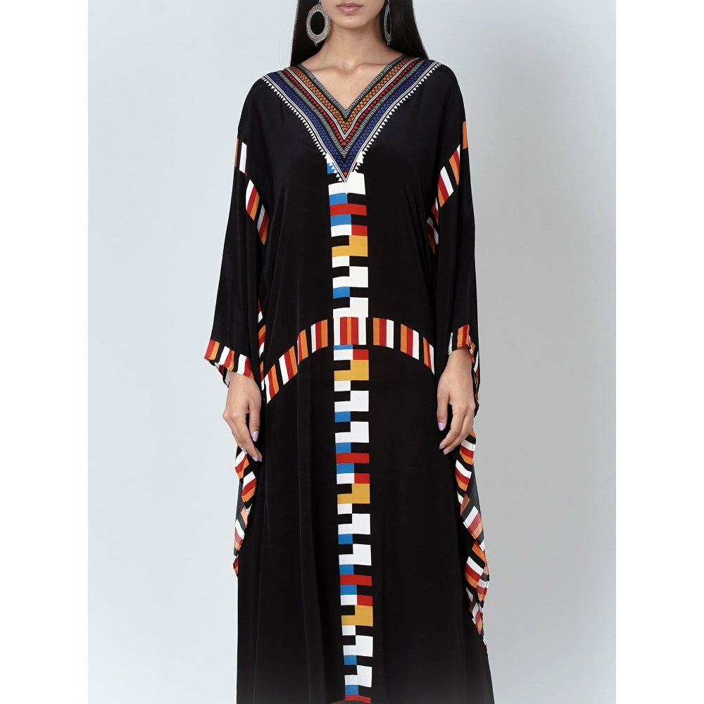 First Resort by Ramola Bachchan Black Geometric Mid Length Kaftan