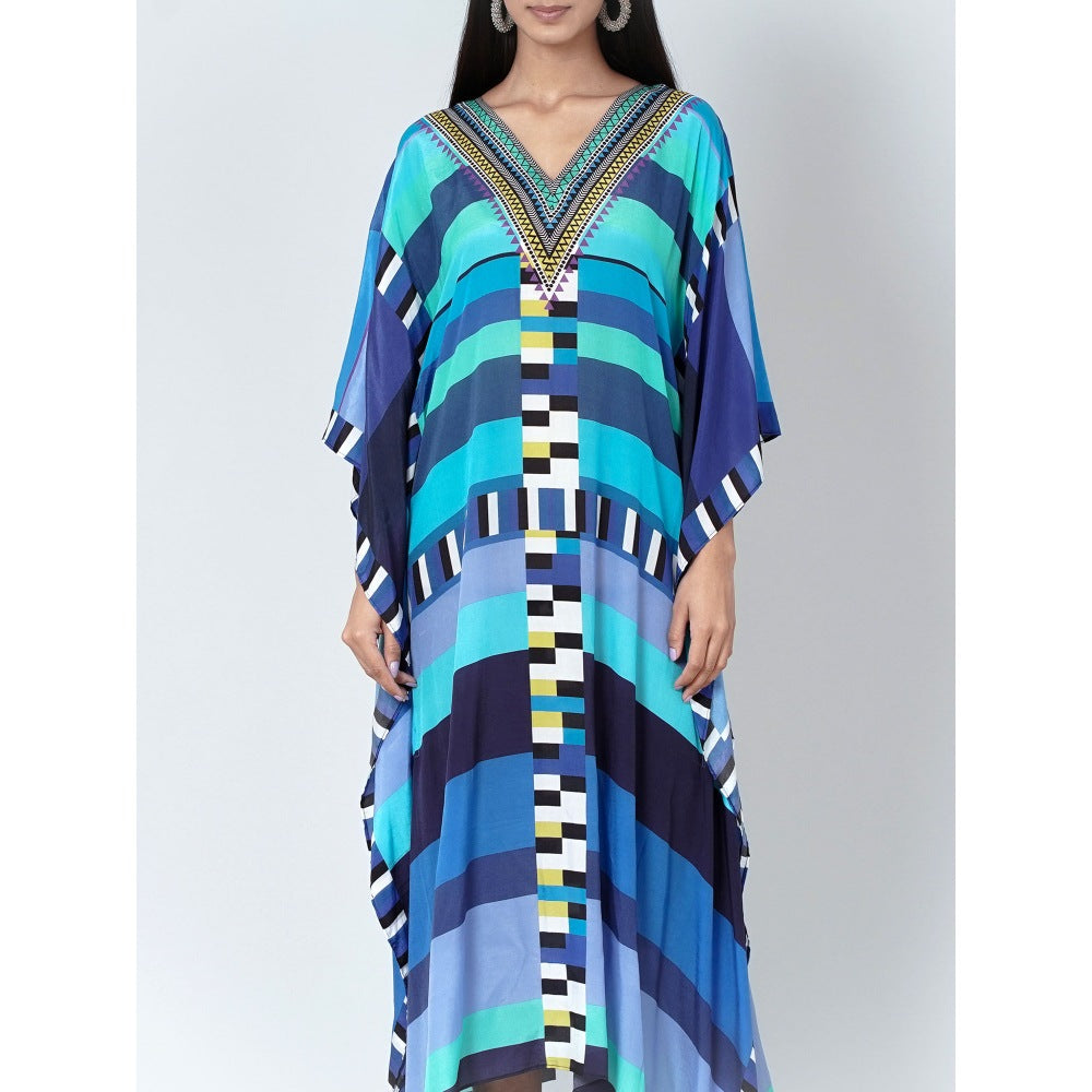 First Resort by Ramola Bachchan Blue Geometric Mid Length Kaftan