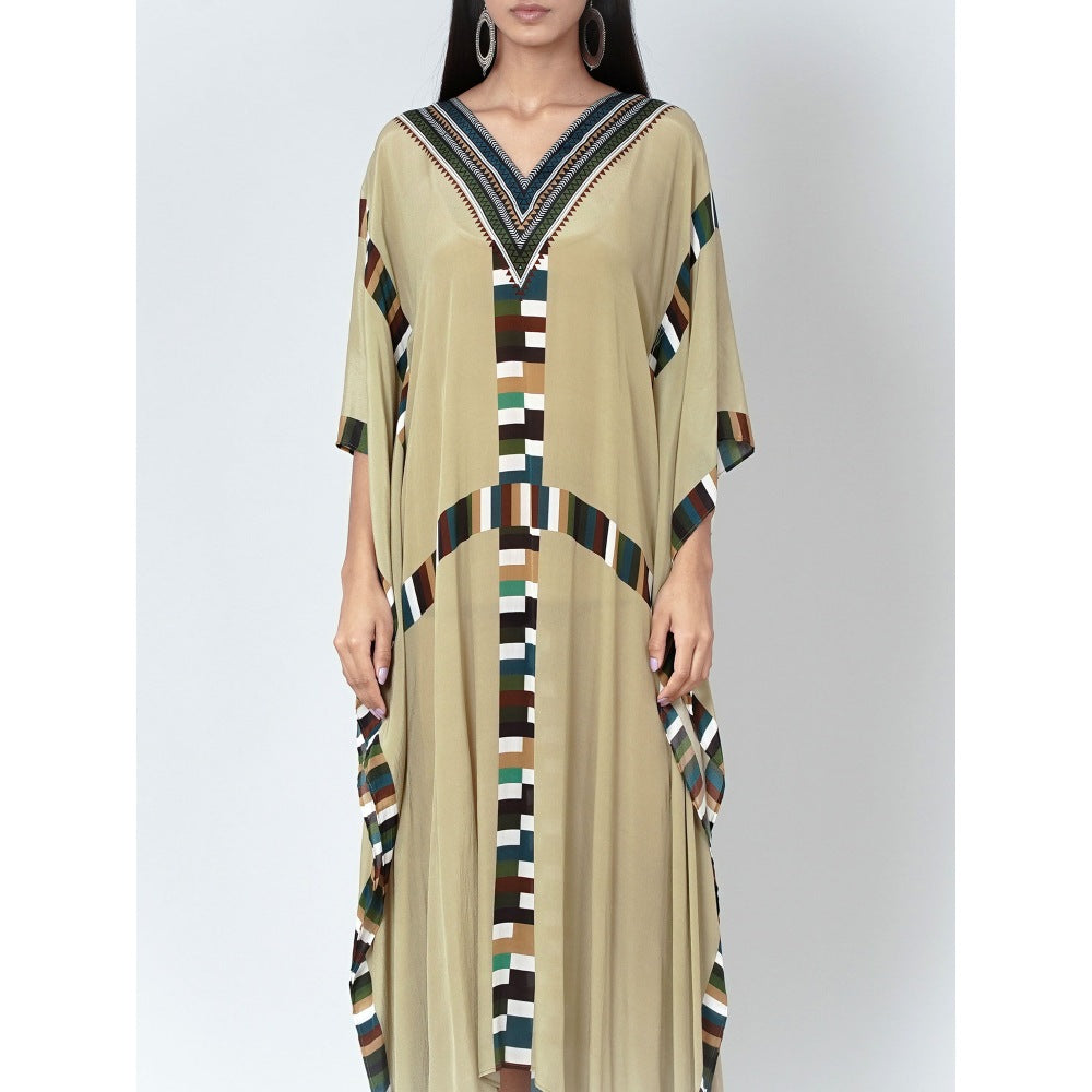 First Resort by Ramola Bachchan Olive Green Geometric Mid Length Kaftan