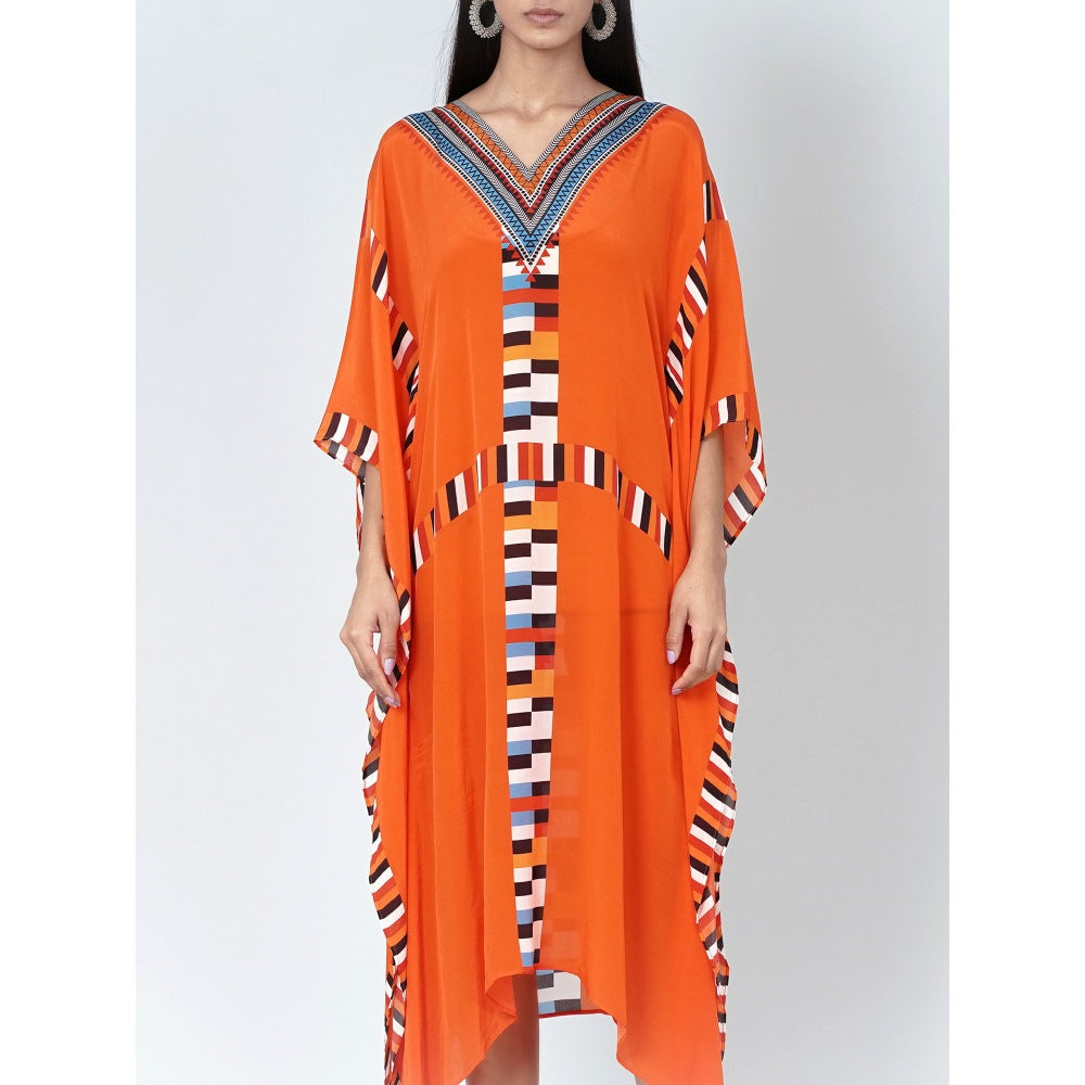 First Resort by Ramola Bachchan Orange Geometric Mid Length Kaftan