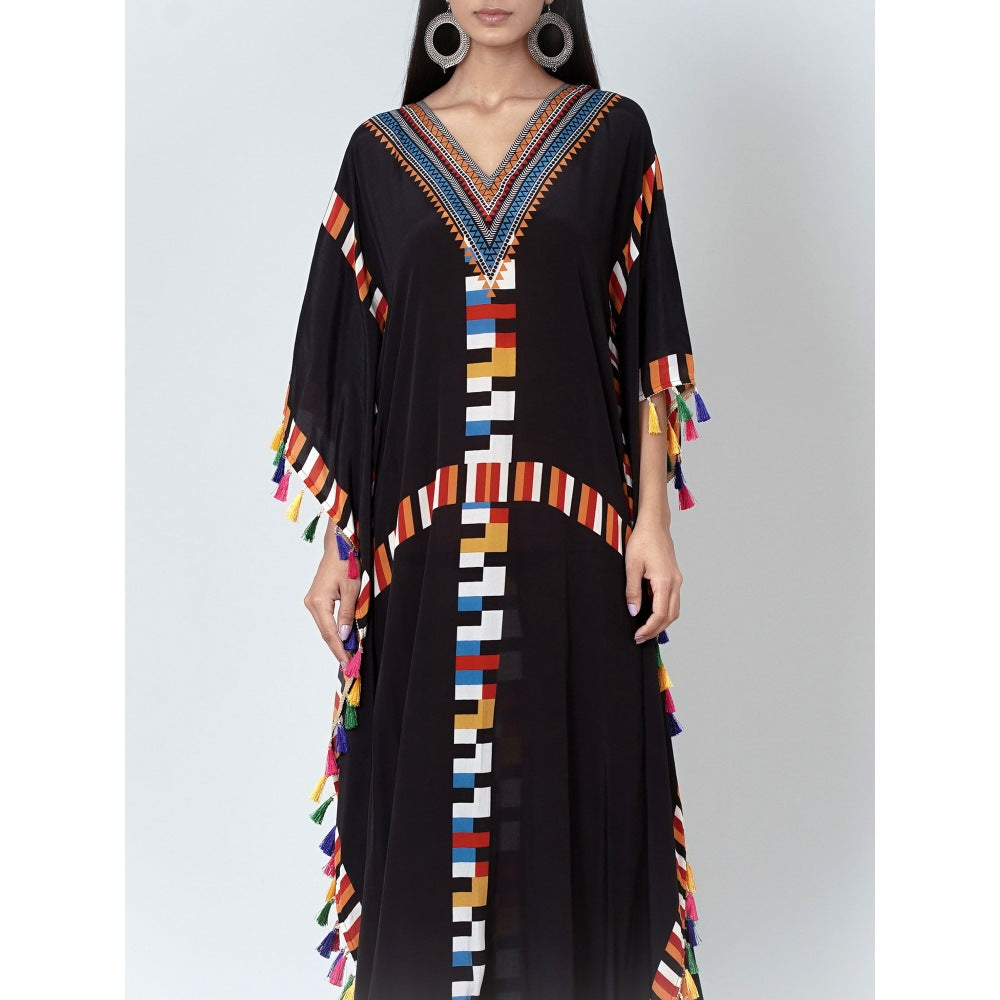 First Resort by Ramola Bachchan Black Geometric Mid Length Kaftan With Lace