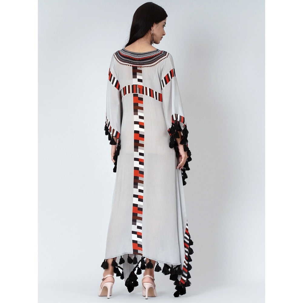 First Resort by Ramola Bachchan Grey Geometric Mid Length Kaftan With Lace