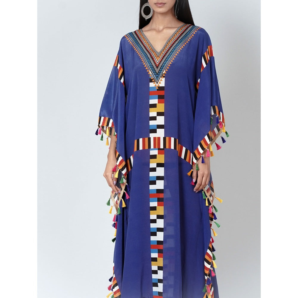 First Resort by Ramola Bachchan Navy Blue Geometric Mid Length Kaftan With Lace