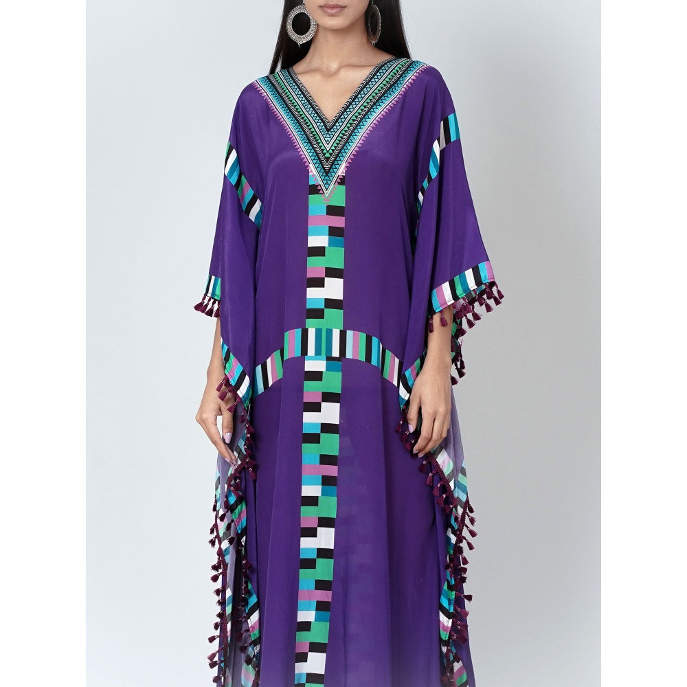 First Resort by Ramola Bachchan Purple Geometric Mid Length Kaftan With Lace