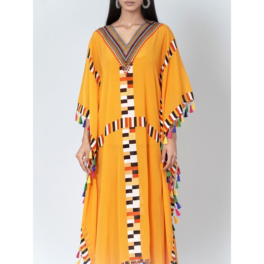 First Resort by Ramola Bachchan Yellow Geometric Mid Length Kaftan With Lace
