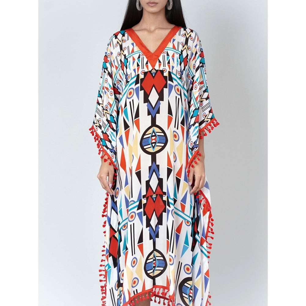 First Resort by Ramola Bachchan White And Orange Modern Geometric Mid Length Kaftan